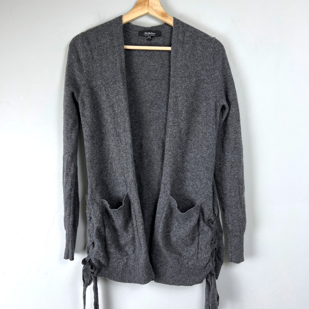 Saks Fifth Avenue 100% Cashmere Lace Up Side Open Front Cardigan Grey XS Capsule